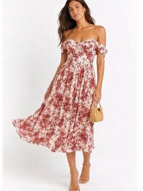 Reformation Violet Off the Shoulder Dress in Red & White Floral